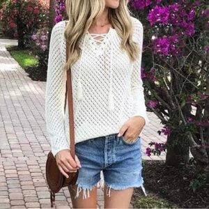 Boho Olive & Oak Louisa Cream Crochet Lace Up Small Sweater